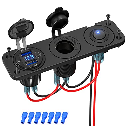 Cigarette Lighter Socket 12V Splitter with Rocker Toggle Switch, Dual Quick Charge 3.0 Aluminum Metal 12 Volt USB Outlet with LED Voltmeter, Waterproof Cigarette Lighter Adapter Female Socket Plug DC by Qidoe - Used condition - US$14.46