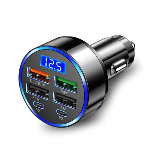 Adaptador De Carro 12V Carregador Super Rápido para Celular Turbo 6 Entradas Portatil USB 2.0 e USB C Automotivo Viagem Carro