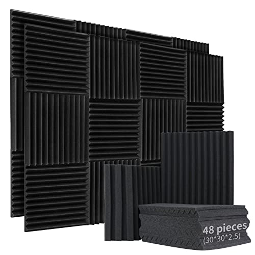 48 pièces Mousse Acoustique, 30 * 30 * 2.5cm Noir Haute Densité Panneau Acoustiques, Ignifuges Mousse Anti Bruit pour Studio Musique, Studios...