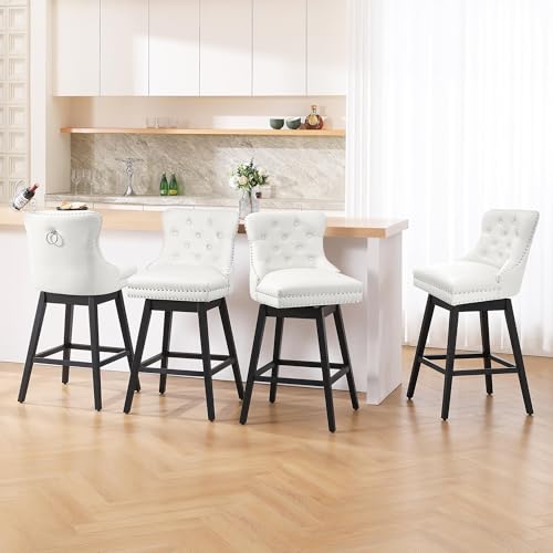 Image of White Leather Swivel Bar Stools Set of 2 with Back, 30 Inch Counter Height Chairs, Solid Wood Legs, Tufted Seat, Comfortable and Stylish for Kitchen, Island, Home Bar(White, 2 Pack, 30 inch H)