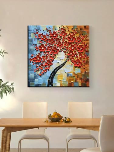 Tree of Life Wall Art Oil Painting Textured Red Floral canvas Artwork 30x30