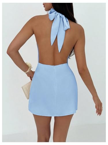 Image of Floerns Women's Ruched Cowl Neck Halter Mini Dress Tie Backless Night Out Dresses
