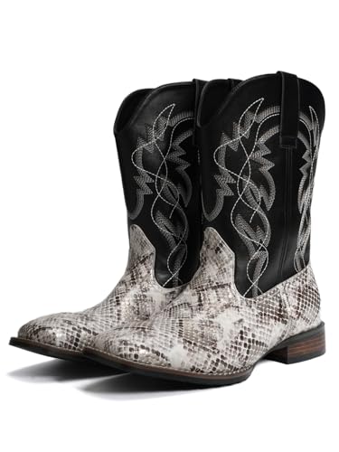 Image of Python Manning Men's Boots Cowboy for Men Classic Pointed Toe Western Pull Up Snakeskin Embroidered Mid-Calf Boots