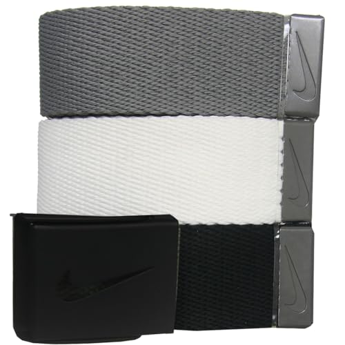 Nike Men's 3 Pack Web Belt, Matte Black Hardware, Black/White/Grey, One Size