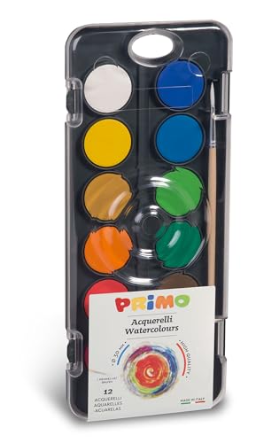 PRIMO - Aquarelle Peinture Enfant +3 Ans, 7 Couleurs Métalliques et 5 Fluo dans Gaufres Ø30mm + 1 Pinceau Aquarelle, Kit Palette Peinture Enfants avec Feutre Aquarelle...