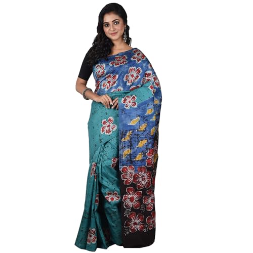 Image of 3stones Women's Mulberry Silk Saree | Printed Handwoven, Hand Batik Pure Saree with Unstiched Blouse Material Piece | Suitable for All Indian Weddings & Festivals | Traditional flower Prints