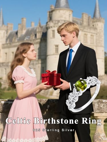 Celtic Knot Birthstone Ring 925 Sterling Silver Celtic Trinity Knot Wedding Promise Ring with 12 Months Heart Birthstone Irish Lucky Jewelry Gifts for Women Mom Her3