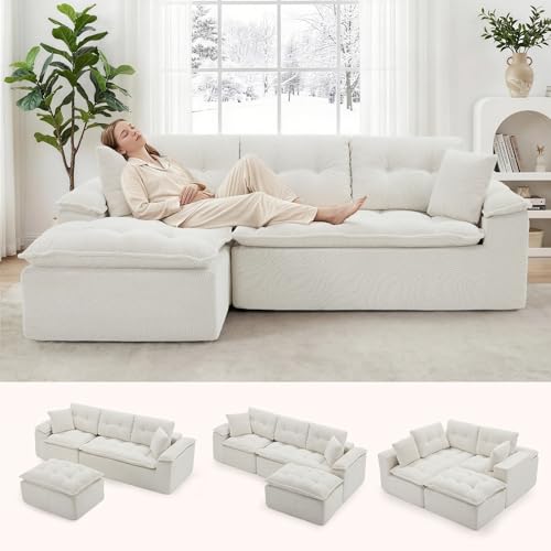Korser 110" Cloud Sectional Couch with Ottoman, Modern Modular Sectional Sofa with Deep Seat, Upholstered Boneless Couch for Living Room, L Shaped Sofa with Layered Cushion (Beige, No Assembly) - image 1