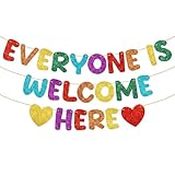 Fulmoon Pre-strung Everyone Is Welcome Here Banner, LGBTQ+ Sign Rainbow Party Decoration Pride Month Party Backdrop Love Hope Diversity Equality Queer History Celebration Supplies