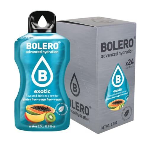 Bolero Bebida 24 bolsitas de 3 g g de fruta preparada en polvo soluble para bebida fresca en agua, 72 gramos endulzado con stevia (Exotic)