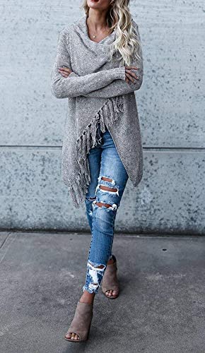 Image of Women's Open Front Knited Tassels Slash Loose Cardigan Crew Neck Speckled Fringe Sweater Outwear