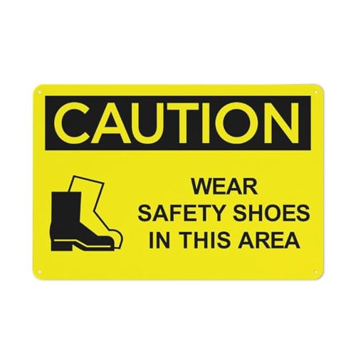Caution Wear Safety Shoes In This Area Sign Warning Tin Sign Home Kitchen Farm Garden Garage Wall Decor 12X8 Inch