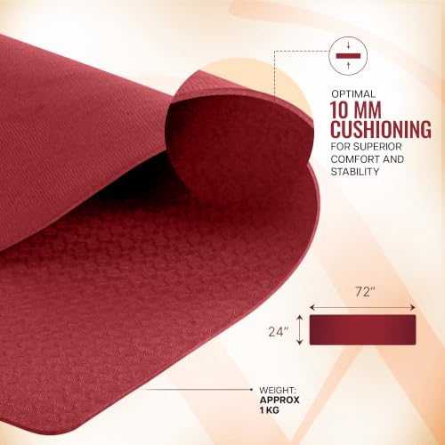 Image of WiseLife Classic Eco-TPE 10 MM Yoga Mat with Yoga Strap for Men & Women | Extra Thick, Long & Wide Non-Slip, Anti-Tear Exercise Mat for Home, Gym, Workout, Fitness, Yoga & Pilates (Maroon)