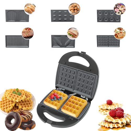 Wiefiche Gofrera de 750 W, gofrera eléctrica belga con revestimiento antiadherente, temperatura ajustable, seis tipos de formas intercambiables, para panaderías, restaurantes, comedores