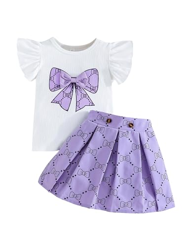 Image of Azmxynol Toddler Girls Clothes Cap Sleeve T-Shirt + Bowknot Print 2pcs Summer Shorts Outfit Set For Girls, Size 4-8 Years