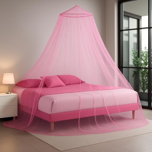 Image of Polyester Hanging Round Mosquito Net for Double Bed, King Size Bed (Pink)