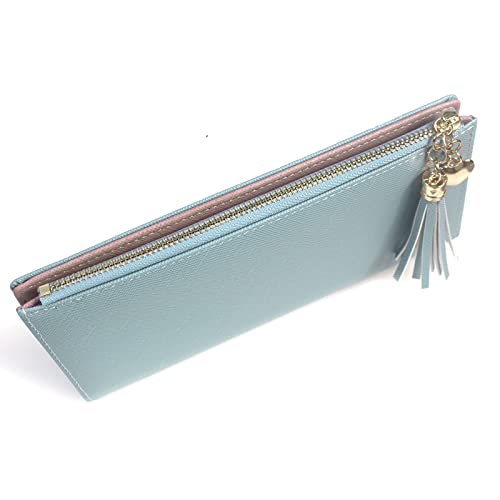 Image of SUMGOGO Wallets for Women Slim Clutch Purse Handbag Card Holder Womens Long Tassel Zipper Pocket Fashion Taiga Leather Billfold Wallet (Blue)