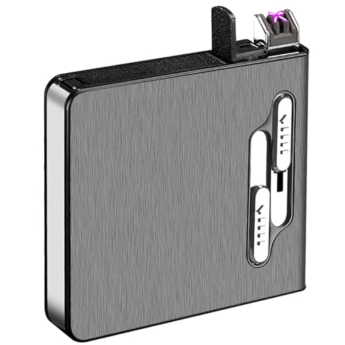 OLDENDO Estojo para Cigarros com Isqueiro, Suporte para Caixa de Ejeção Automática para Maço Completo de 20 Cigarros de Tamanho Normal, Isqueiros de Arco Duplo Integrados, Recarregável Por Usb (Preto)