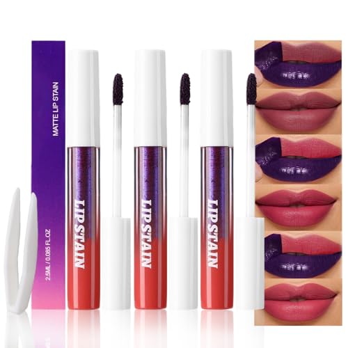 Image of evpct 3Pcs Maroon Mauve Vivid Red Peel Off Lip Stain Tints, Matte Liquid Lipstick Lip Stain Long Lasting Waterproof for Women, Longwear Lipstick Peel Off Highly Pigmented Smudge-proof Easy to Apply
