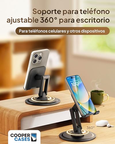 COOPER 360° Stand - Soporte Movil para Mesa Ajustable | Rotación de 360° con Clic, Múltiples Ángulos, Base Metálica No Deslizante, Plegable y Portátil | Soporte Movil Cama, Soporte iPhone (Negro) - imagen 2