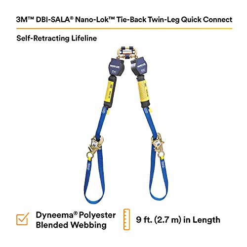 Image of 3M DBI-SALA Nano-Lok 3101374 Tie Back Self Retracting Lifeline, 9', 3 /4 inch Dynema Polyester Web, Tie-Back Hook, Quick Connector For Harness Mounting, Blue