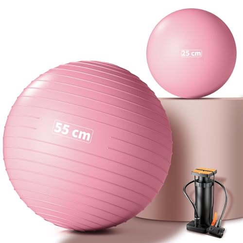 Lureon Gymnastikball 55/65/75 cm + Pilatesball 25 cm Verdickt Yogaball Anti-Burst & Anti-Rutsch Pezziball für Schwangerschaft Sitzball für Zuhause Büro Fitness Yoga (Rosa 55 + 25 cm)