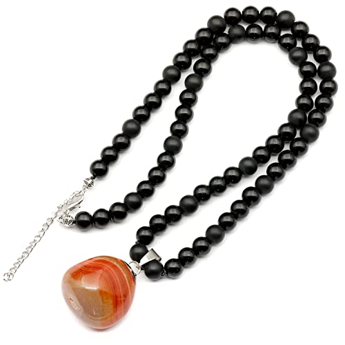 Natural Raw Tourmaline Pendant, Genuine Black Onyx Beaded Necklace, Black Stone Necklace, Gemstone Necklace, 8mm Beads, Unique Fashion Jewelry, Healing Crystal Chakra Necklace, Crystal Pendant