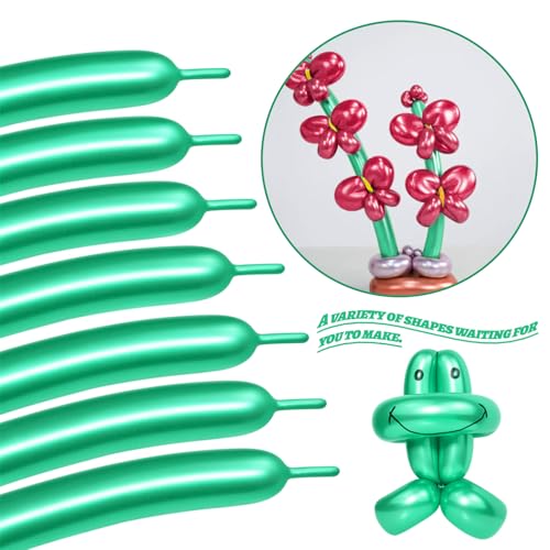 Image of LXZFCRG Metallic Green 260 Long Balloons 100pcs Shiny Chrome Green Latex Twisting Balloon for Balloon Animals, Magic Balloons for Birthdays Wedding Party Decorations