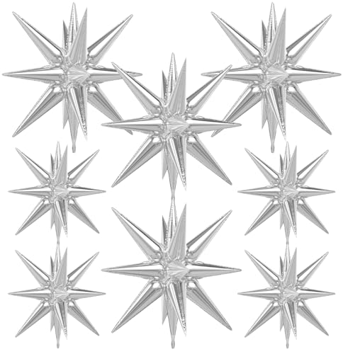 Adeyoo Silver Star Balloons 8Pcs Foil Balloons Explosion Star Balloon One-Piece 14-Pointed Spike Cone Mylar Balloon for Graduation Birthday Wedding Bachelorette Disco Party Decorations