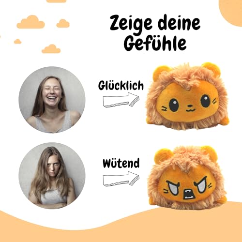 AllBlue Products Flip Plüschtier - Positiv/Grimmig Stimmungskuscheltier als Geschenke für Frauen, Kinder, Freundin, Glücksbringer (Löwe)