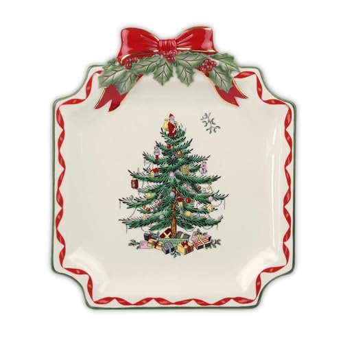 Spode Christmas Tree Ribbons Canape Platter - 6.5-Inch Holiday Serving Plate for Desserts, Appetizers, and Treats - Festive Earthenware Christmas Dinnerware with Gold Accents - Dishwasher Safe Spode Christmas Tree Ribbons Canape Platter - 6.5-Inch Holiday Serving Plate for Desserts, Appetizers, and Treats - Festive Earthenware Christmas Dinnerware with Gold Accents - Dishwasher Safe