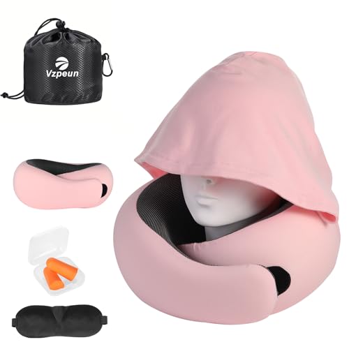 Image of Travel Pillow - Hooded Neck Pillow Airplane Memory Foam Filling for Plane, Office, Cars Sleeping, Road Trip, Long Flights, Airplane Travel Essentials, Includes Eye Mask & Earplugs (Pink)