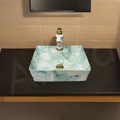 Image of Artiva Designer Ceramic Table Top Wash Basin For Bathroom /Green Wall Mounted Bathroom Sink /Wall Hung Washbasin /Wash Basin For Cabinet, Countertop, Vanity (Osian Green 16 x 12 x 5 Inch)
