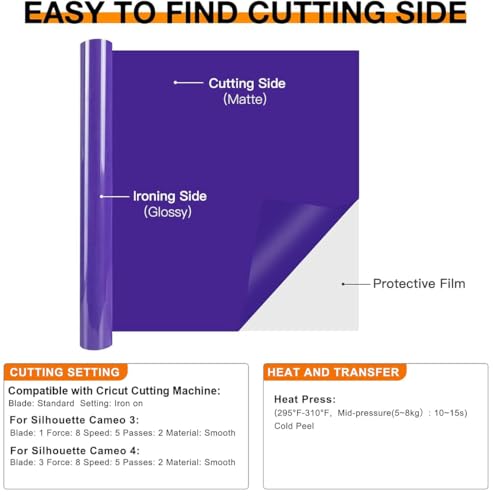 Image of HTVRONT HTV Heat Transfer Vinyl - 12 inch x 8ft Purple HTV Vinyl for Shirts, Iron on Vinyl for All Cutting Machine - Easy to Cut & Weed for Craft Design (Purple)