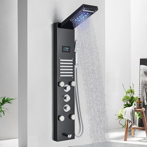 Image of Backline 7 in 1 Thermostatic Shower Panels For Bathroom SS 304, Multifunction Shower System With LED & Hot & Cold Water | Hand Shower | Body Mist Spray | Water Spout (Black Glossy)