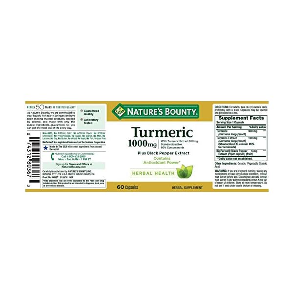 Natures-Bounty-Turmeric-Pills-and-Herbal-Health-Supplement-Supports-Joint-Pain-Relief-and-Antioxidant-Health-1000-mg-60-Count Nature's Bounty Turmeric With Black Pepper Extract, Supports Antioxidant Health, 1000mg, 60 Capsules