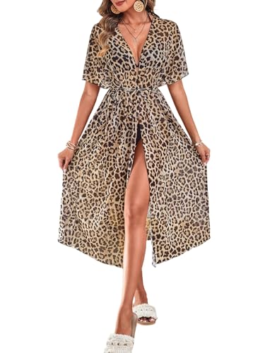 OYOANGLE Women's Swimsuit Cover Ups Leopard Print Short Sleeve Belted Kimono Cardigans Beachwear