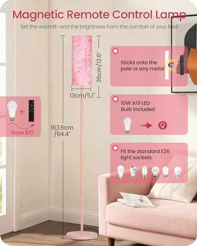 Image of Dimmable Floor Lamps for Living Room with Remote and Foot Switch, 64.4 inch Modern Standing Tall Lamp, Corner Lamp for Bedroom, Bulb Included, 3000K-6500K, FCC Listed, Sakura Pink PCP06LD05W1