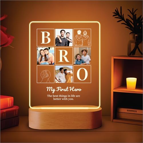 Image of Giftplease Personalized Brother Photo Night Light - Custom Acrylic Night Lamp with Wooden Base, Engraved Plaque, Unique Birthday, Rakhi Gifts for Brother, Brother in Law, Bhai, Room Decor Aesthetic