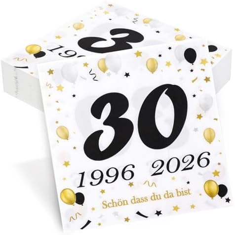 50 Stück Servietten 30. Geburtstag, Seutgjie 30 Geburtstag Deko 1996-2026 Perlenhochzeit Jubiläum Tischdeko Schwarz Gold Tisch-Deko Party Gedeckter Tisch