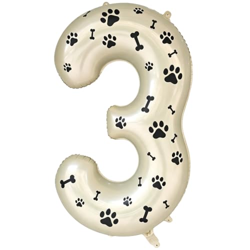 Image of 40 Inch Cream Beige Number 3 Foil Balloon DIY with Dog Paw Bone Stickers