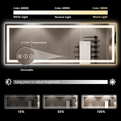 Image of 96x36 Inch LED Bathroom Mirror with Lights Front and Backlit Lighted Vanity Mirror for Bathroom Wall with 3 Colors Dimmable Anti-Fog Memory Shatter-Proof IP54 Waterproof Horizontal /Vertical