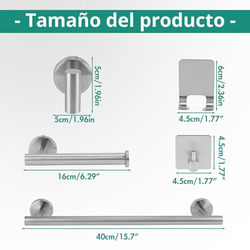 Miniatura 7 de Yunyoda Toalleros De Baño, 7pcs Accesorios Baño Inoxidable Con Tornillos, 3 Ganchos Para Toallas Y Portarrollos De Papel Higiénico, Accesorios De Pared Para Baño Y Cocina, 40cm, Plata