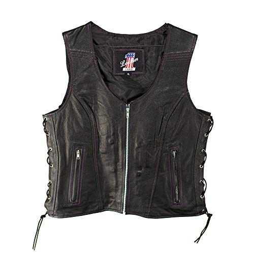 IKLeather Women Biker Club Leather Vest (Pink Stitching, XXL)
