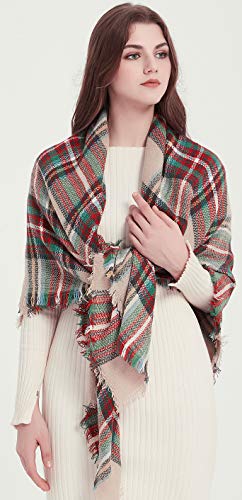 Women's Fall Winter Scarf Classic Tassel Plaid Tartan Scarf Warm Soft Chunky Large Blanket Wrap Shawl Scarves Christmas Red Green Beige