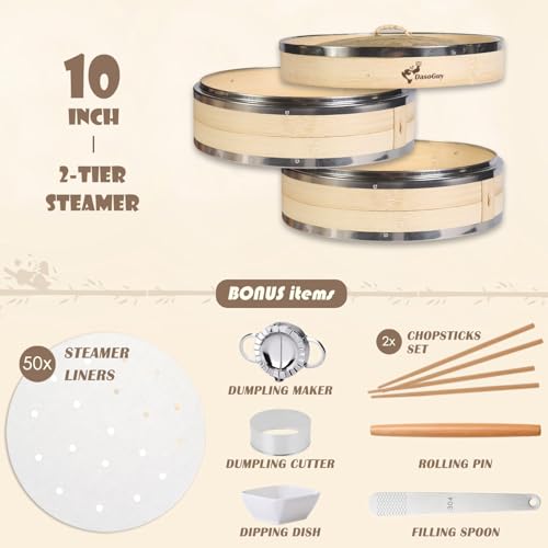 Bamboo Steamer Basket, Stainless Steel Reinforced Rim, 10-Inch 2-Tier Steamer for Cooking, 50 Liners Chopsticks Sauce Dish Dumpling Makers, Steaming Asian Food Bao Buns Dim Sum Rice Veggies Steam Pot - Image 4