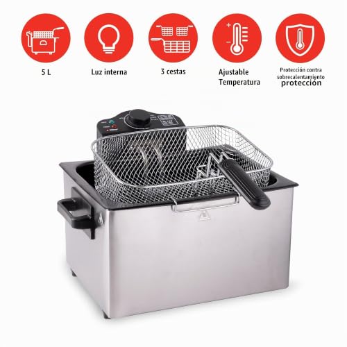 Freidora de aceite Alpina 5L con 3 cestas intercambiables en acero inoxidable 4