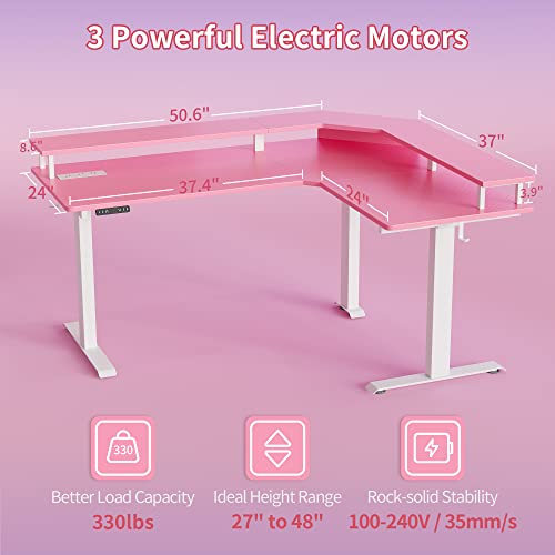 Image of FEZIBO 63 inch Triple Motor L Shaped Standing Desk with LED Strip & Power Outlets, Height Adjustable Stand up Corner Gaming Desk with Ergonomic Monitor Stand, Pink Carbon Fiber Top /White Frame