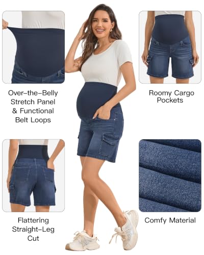 Image of PACBREEZE Women's Maternity Jean Shorts Over Belly Stretch Denim Shorts Trendy Summer Pregnancy Clothes