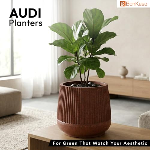Image of BonKaso 12 Inch Audi Plant Pot for Indoor & Outdoor Use | Heavy Duty Durable Polymer Flower Pot Gamla | Lightweight Modern Planter for Living Room, Balcony, Terrace & Office Decor (Brown)